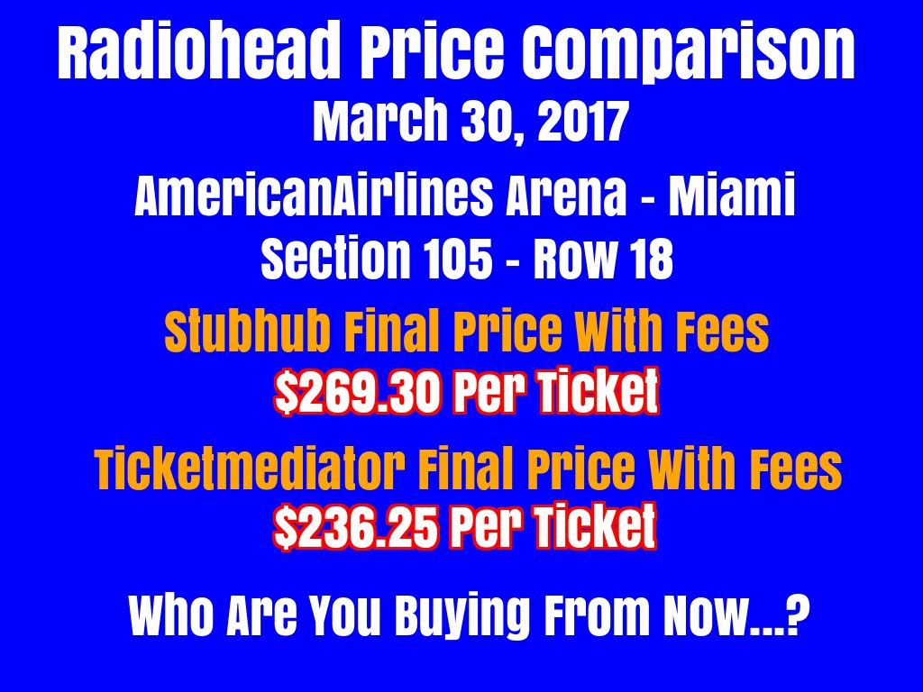 TicketMediator's tweet photo. Radiohead Tickets - Price Comparison - Stubhub or https://t.co/ZBwHxTf5R2 #Radioheadtickets #CheapRadioheadTickets #Tickets #concert https://t.co/79U32ygGpY