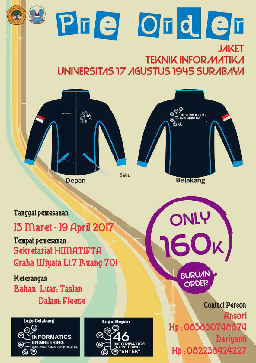 Hai warga informatika Untag Surabaya

Kita open PO jaket Informatika nihh. kuyy buruan pesen, jangan sampe kehabisan..