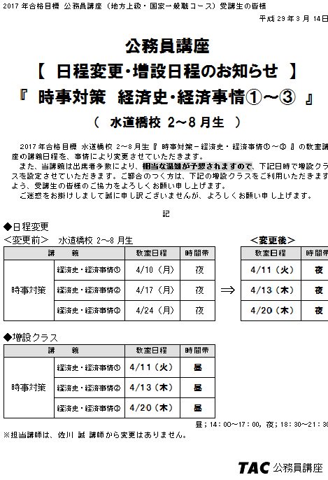 資格の学校tac 水道橋校 Na Twitteru 公務員 時事対策 日程変更 増設日程のご案内 来月実施の 経済史 経済事情 が変更になりました 毎年時事対策はかなり混雑しますので 増設クラスも併せて参加してみてください 公務員 17卒 時事対策 日程変更 佐川講師
