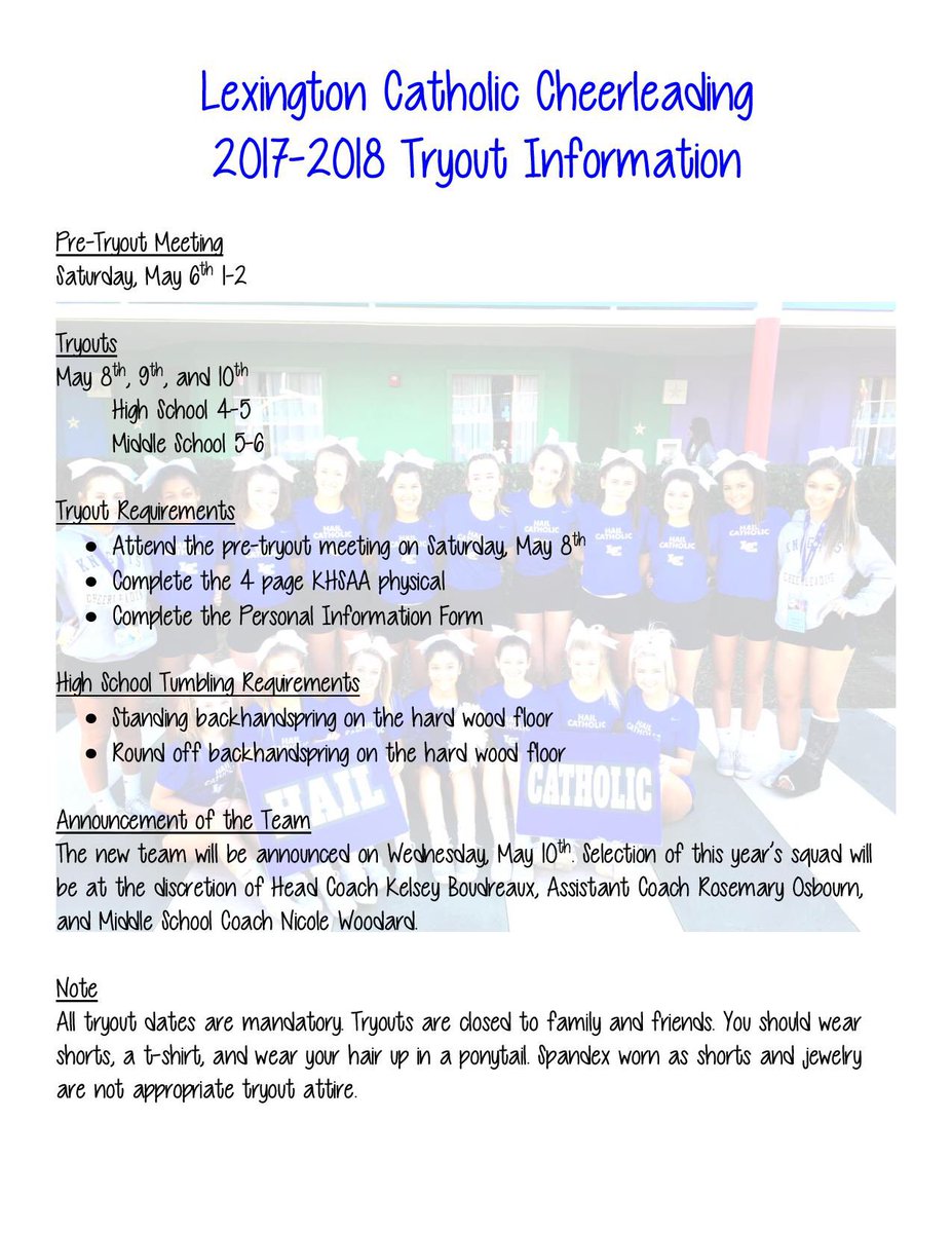 LCCheerKnights's tweet photo. And here's the tryout information for 2017-2018! #LexCathCheer #WeAreLC https://t.co/YSsBrm7GZ2