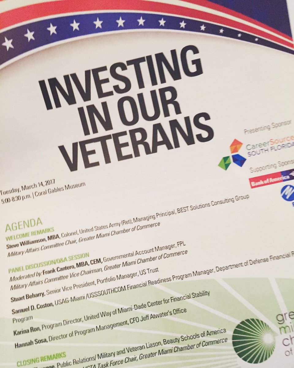 ErinRoseSuth's tweet photo. @BankofAmerica is proud to partner with @MiamiChamber for the #InvestInVets event to discuss #BetterMoneyHabits with veterans and partners. https://t.co/Ot70t5xWn9