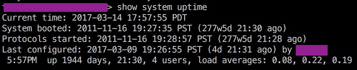dorkmatt's tweet photo. Holy uptime @JuniperNetworks #mx80 - 1944 days of uptime, the JunOS version is a bit.. embarrasing https://t.co/kiXyQeyuHb