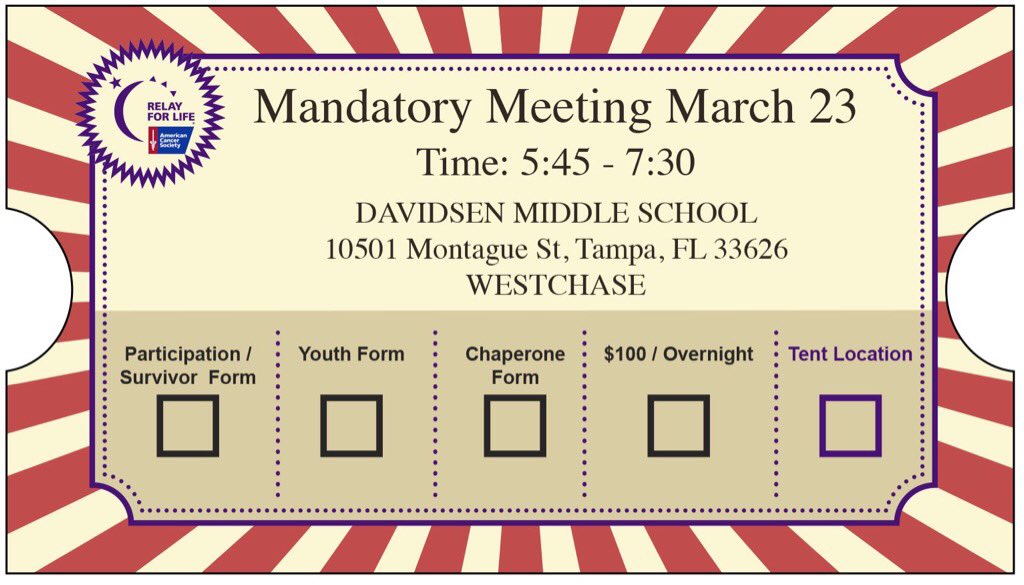 Relay_WC's tweet photo. Mandatory Meeting March 23rd at Davidsen Middle. Time: 5:45-7:30. Time to pick your tent location, onsite fundraiser https://t.co/Q55wVraRJb