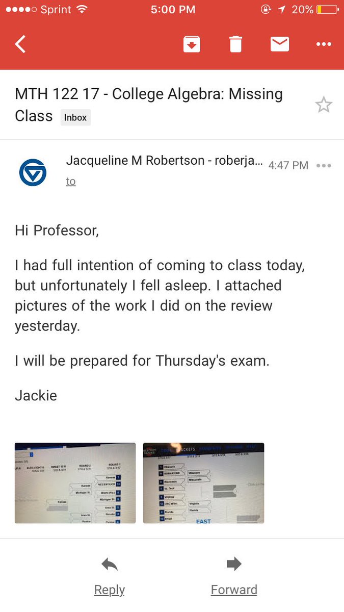 jac_robertson's tweet photo. Not only did I fall asleep and miss my 4 o'clock, but when I went to email my assignment to my prof, I ACCIDENTALLY SENT MY BRACKET PICKS https://t.co/CIZ3SXozcU