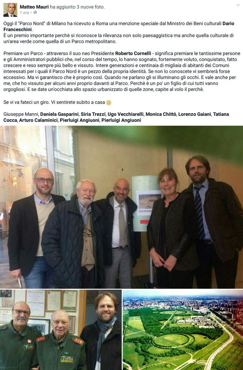 Orgoglioso della menzione speciale data al 'Parco Nord' di #Milano dal Min. <a href="/dariofrance/">Dario Franceschini</a>. Un premio al parco a cui sono più legato