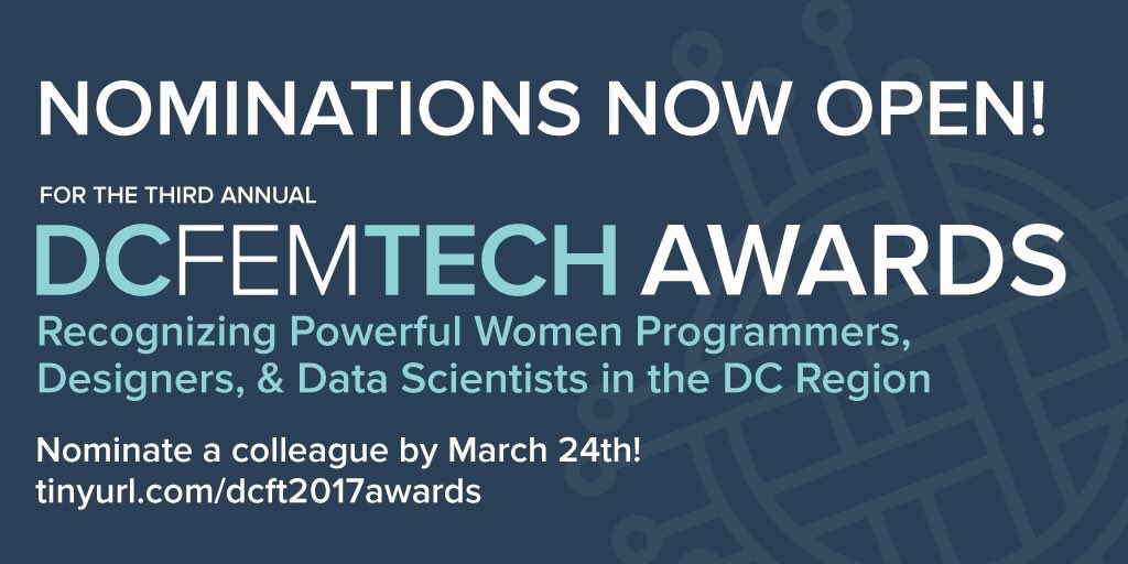 Know amazing women devs, designers or data scientists that deserve recognition? Nominate them by March 24! dcfemtech.typeform.com/to/yqdD5W #dctech
