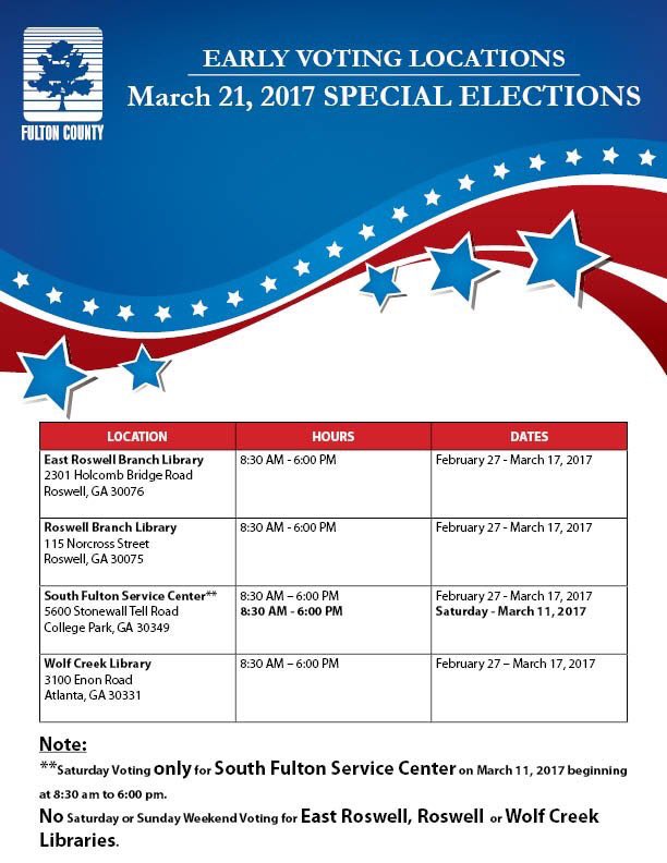 Early Voting is now underway for March Special Elections bit.ly/2k4wV4F #FultonVotes #CityofSouthFulton #CoSF