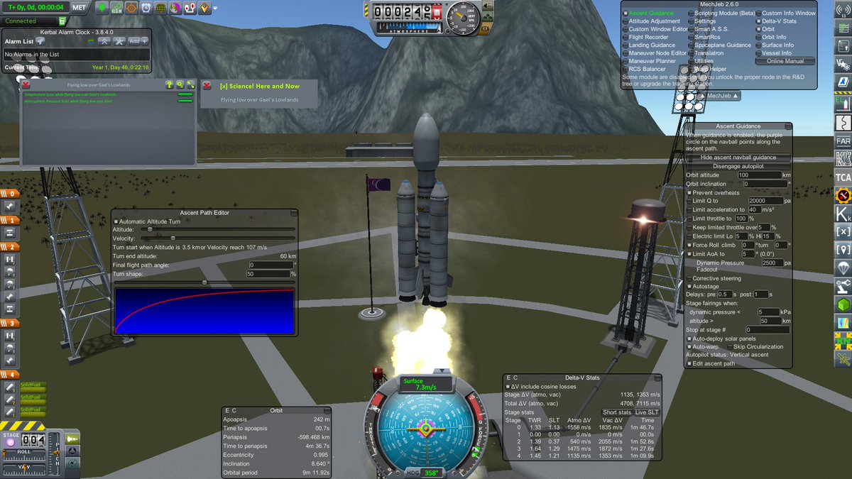 Volatar's tweet image. Eventually Googled and found some ascent trajectory modifications that worked to get into orbit, and much better than my manual pilot. #KSPG