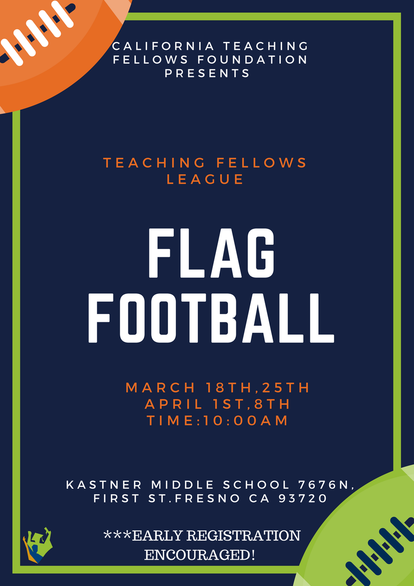 CaTeachFellows's tweet photo. Ready, Set, BREAK!
Don't forget to join #CTFF THIS Sat. March 18th for our Flag Football #TFMeetup. #CFL #TFNorth #TFCentral #TFSouth https://t.co/FzYKws0aAc