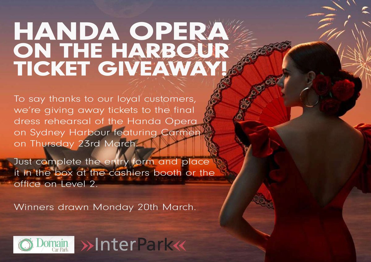 Interparkaust's tweet image. WIN TICKETS TO #handaopera
Head to @Domain_CarPark &amp;amp; complete entry form. Hurry as competition ends 20Mar #carpark #parking #sydney #opera