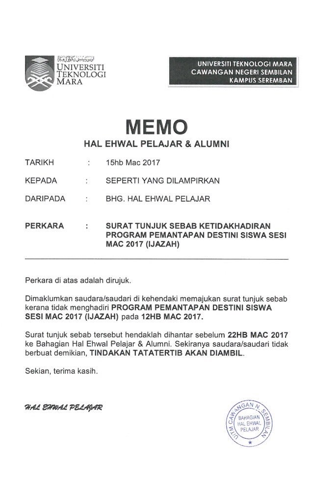 Contoh Surat Rasmi Tunjuk Sebab Tidak Hadir Kerja - Rasmi Sua