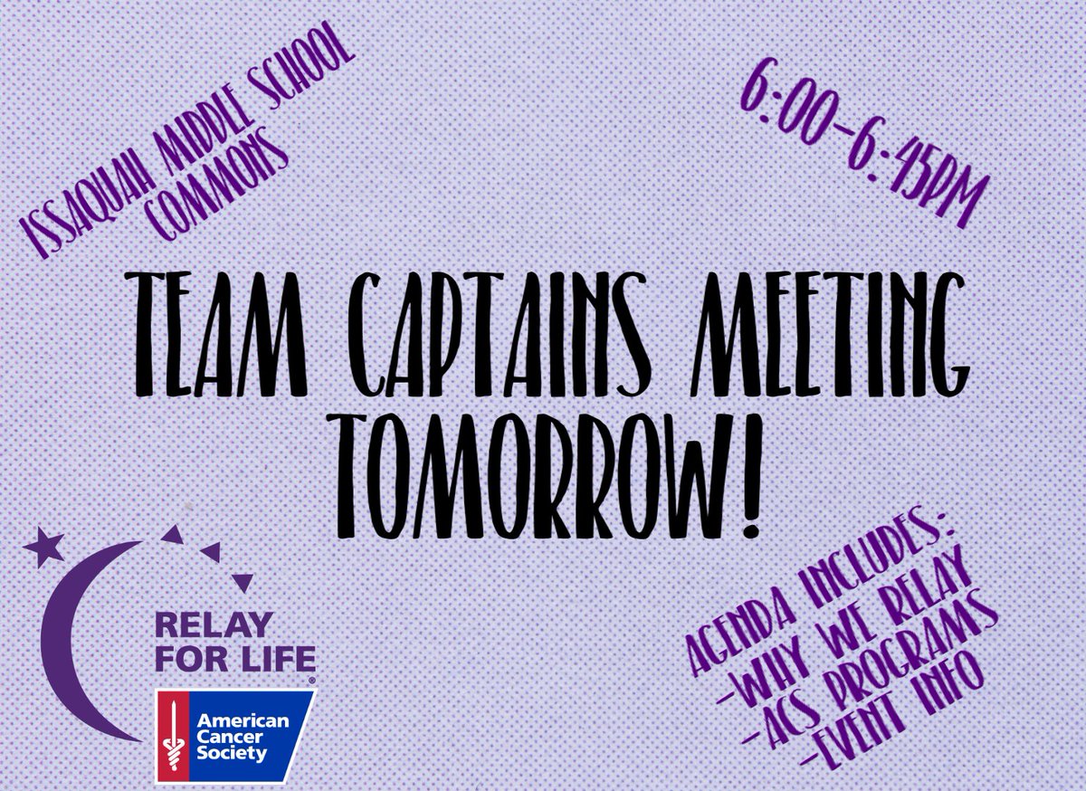 IssyRelay's tweet image. Reminder: the Team Captains Meeting is TOMORROW! Come to learn about various ACS programs and services and highly important event details!