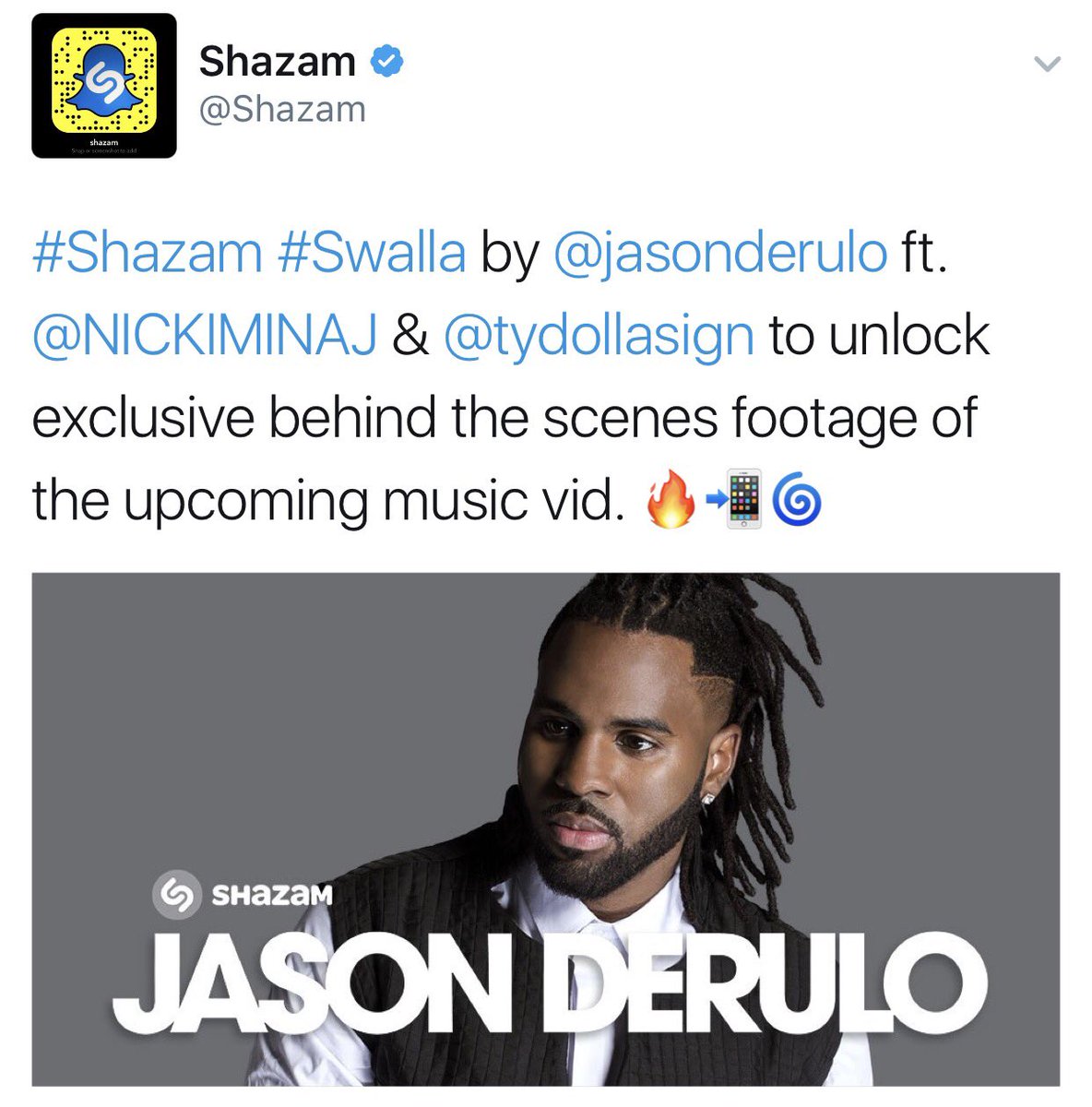jasonderulo's tweet photo. The Official Swalla Video drops this Friday the 17th Want a sneak peak @shazam Swalla to unlock Exclusive Behind the Scenes Footage 💪🏾 https://t.co/FbHdXli7XH