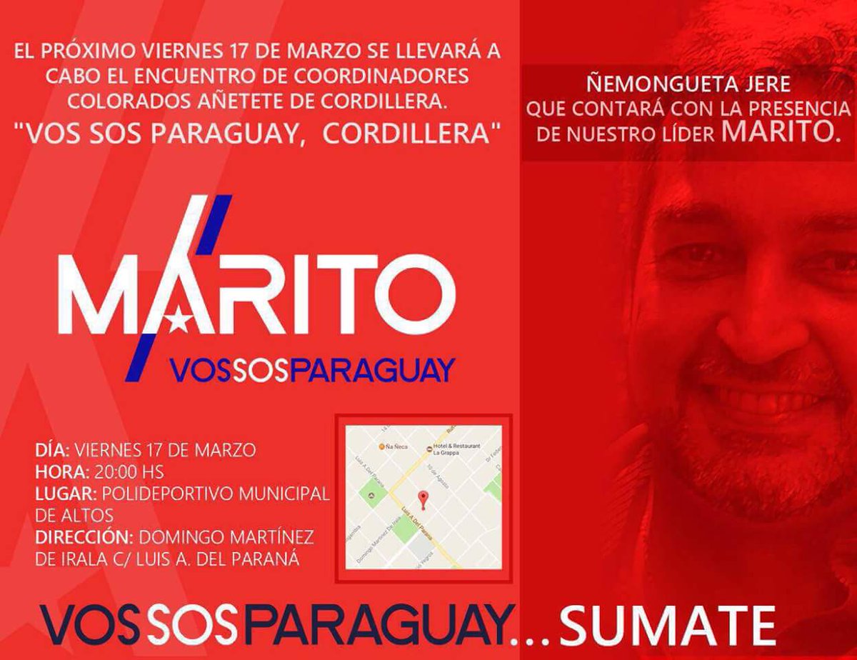 3Mitakuna's tweet photo. Nos vemos el viernes 17 en #Altos #Cordillera En el Ñemongueta Jeré con Presencia de @MaritoAbdo #MaritoVosSosParaguay #ColoradoAñetete https://t.co/5ItqVQNYnl