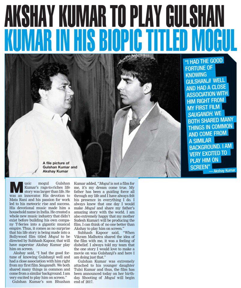 priyagupta999's tweet image. @akshaykumar to play #GulshanKumar in his biopic titled #MOGUL. Produced by #SudeshKumari. Shoot begins 2017 end.