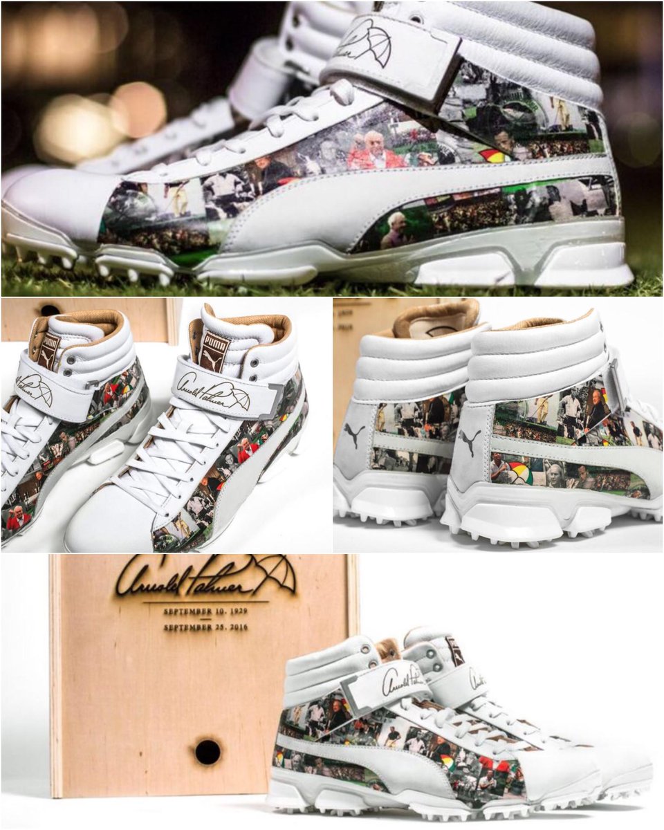 SportsCenter's tweet photo. Rickie Fowler will honor the King by wearing these cleats, which will be auctioned off to benefit Arnold Palmer's charity. (via @PUMAGolf) https://t.co/gTzPsEUF2N