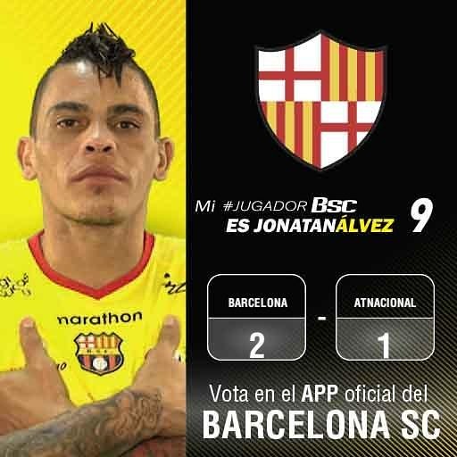 AppBSC's tweet photo. Si J. Álvez te pareció el mejor del partido Vs. A. Nacional, dale tu voto en el app oficial Barcelona SC.
¡Vota por el Jugador de la Cancha! https://t.co/8EQk7aXgWA