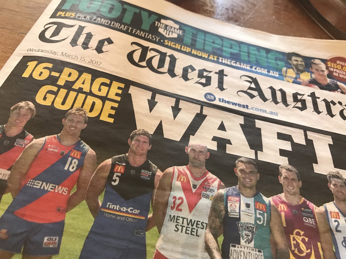 Brett_Raponi's tweet photo. No #WAFL lift out in Kalgoorlie edition but sprawled on front
page. @TheWestSport #onlystatepaper #whataboutthecountry https://t.co/HFz6EiHf7P