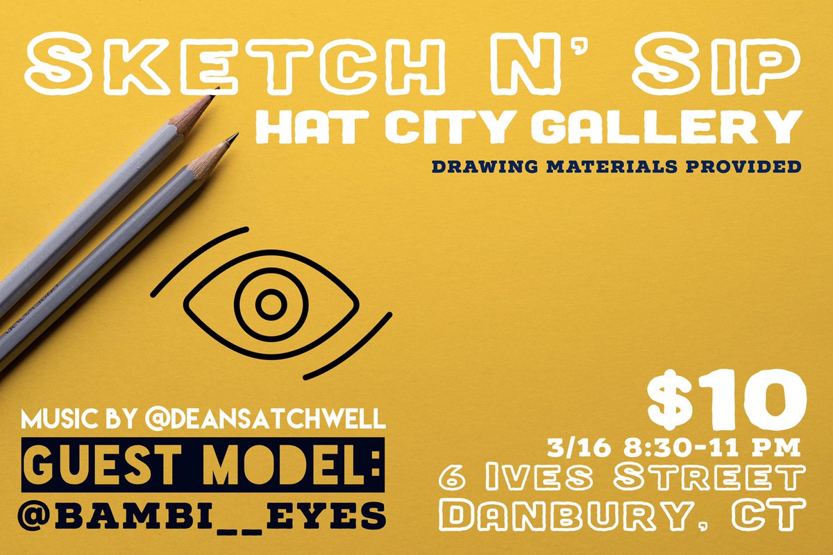hatcitygallery's tweet photo. Sketch n' Sip this Thursday from 8:30-11pm. $10 drawing materials provided. Music by @The_DeanofFresh #hatcity #hatcitygallery #sketchnsip https://t.co/cOZwkYyPxS