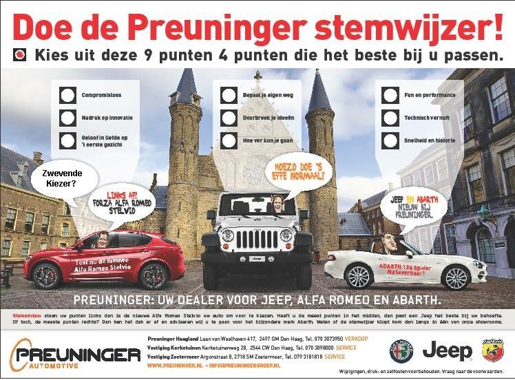 Vandaag kunt u ook bij ons komen stemmen voor onze eigen Preuninger #stemwijzer #ikstem #haaglanden #alfa #jeep #abarth #fiat