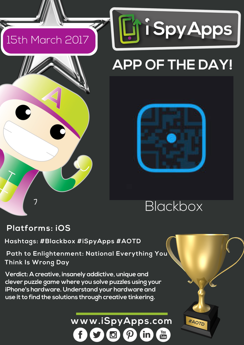 iSpyAppsFemale's tweet photo. Congratulations, @BlackboxPuzzles, for being nominated #AppOfTheDay - a game you'll have a hard time putting down!

Warning: very addictive https://t.co/awahovs1dI