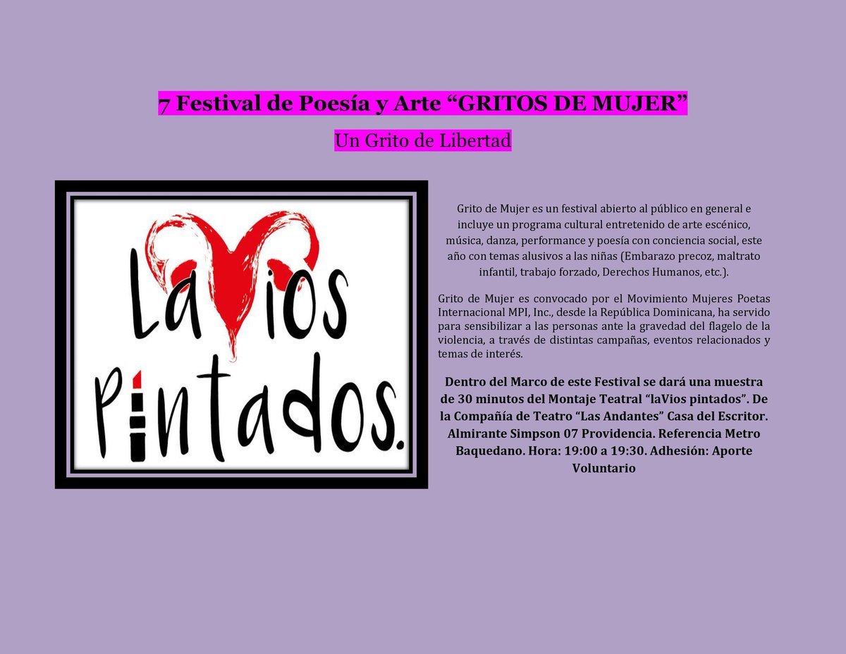carmengloriado3's tweet photo. Hoy 15 de Marzo Casa del Escritor. Extracto "laVios pintados" Festival Literario "Gritos de Mujer" 19:00 hrs Cía de Teatro @lasandantes https://t.co/sVzqw0BT9Z