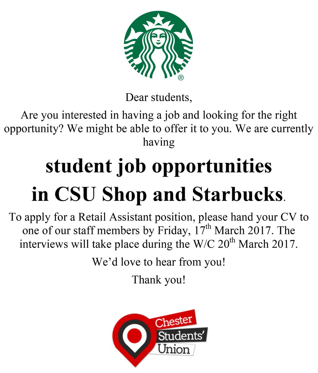 Looking for a job? How about the SU... Come and hand in your CV to a staff member or email Ana - a.toma@chester.ac.uk