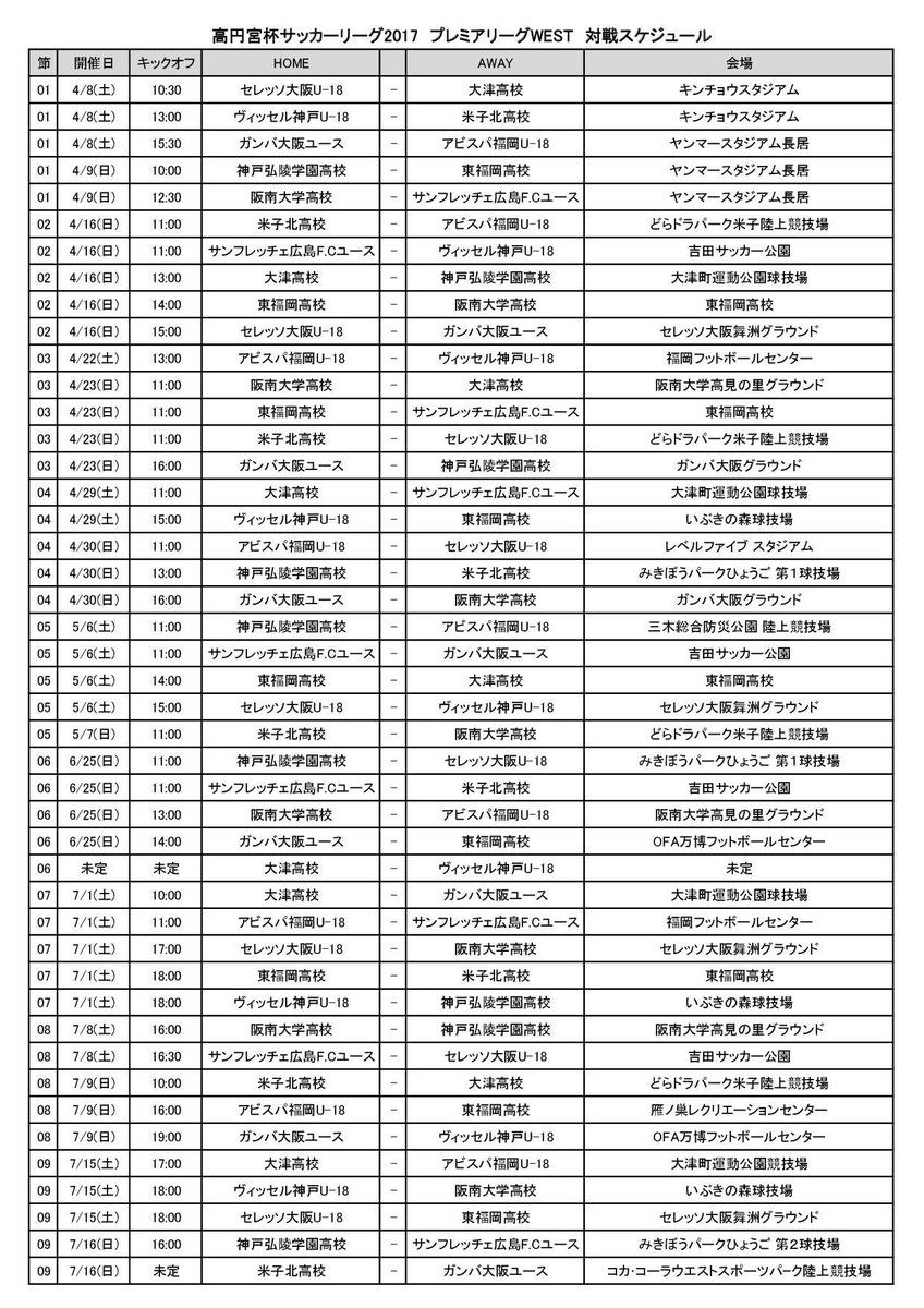 赤い彗星 東福岡高校サッカー 予定 高円宮杯プレミアリーグwest17 全試合日程 試合日時 試合会場等変更となる可能性がございます 全試合の日程 組み合わせは T Co 2ui5v524jl Premier18