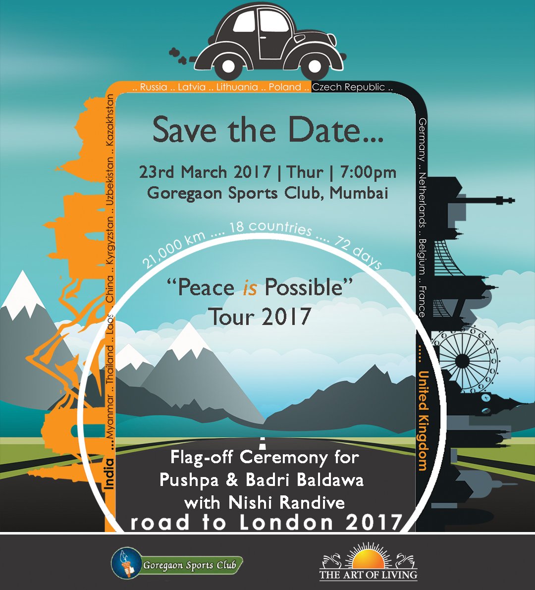 ArtofLiving's tweet photo. The First Longest 'Self-Drive' Car Journey of 2017!
From Mumbai to London,touching 18 countries,21000 KMs in 72 days https://t.co/7cFKZtCINo https://t.co/467HnIAepf