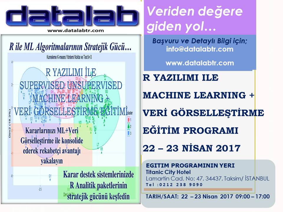risklabtr's tweet photo. 01-02 Nisan 22-23 Nisan'17 #RSoftWare + #MachineLearning + #VeriGörselleştirmeEğitimi #TitanicCityHotel İst.@TRUserGroup #RSoftWare #dataviz https://t.co/g1aQVrqklf