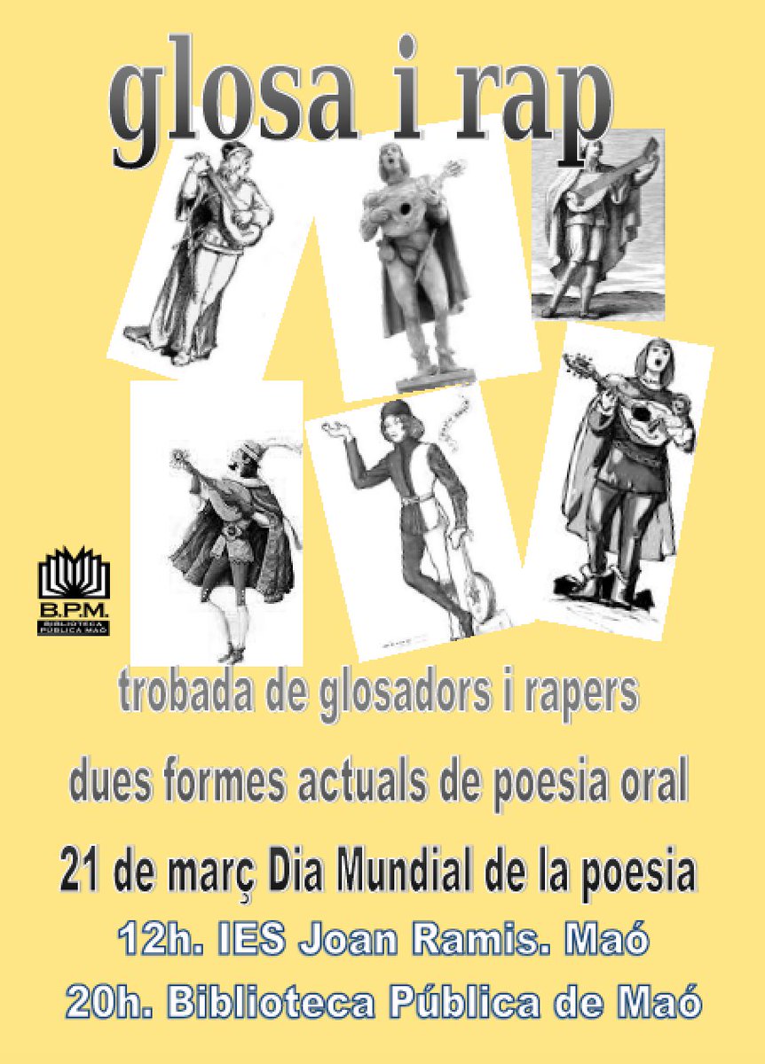 📚 Vine a celebrar el Dia Mundial de la poesia a la Biblioteca Pública de #Maó amb una trobada entre glosadors i rapers. Us hi esperam!