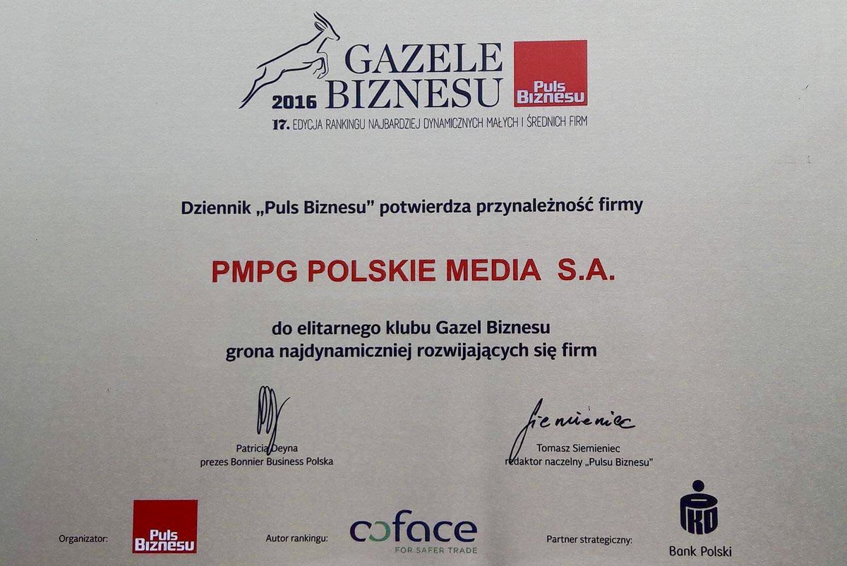 LisieckiMichal's tweet photo. #GazelaBiznesu dla @PMPG_PL #PolskieMedia. Doceniam, bo przyznana przez rynkowego konkurenta #PulsBiznesu. Dziękuje #PB w imieniu Zespołu! https://t.co/Gmqy4WPEue