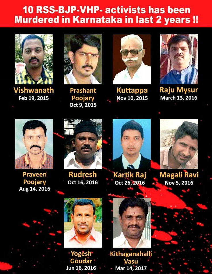 sachinsingh1010's tweet photo. #DadriToMoodbidri 10 RSS-BJP-VHP activists has been murdered in Karnataka in last 2 years #NoOutrage #NoIntolerance #NoAzadiClamour ??? https://t.co/e7Sxh2Xsxr