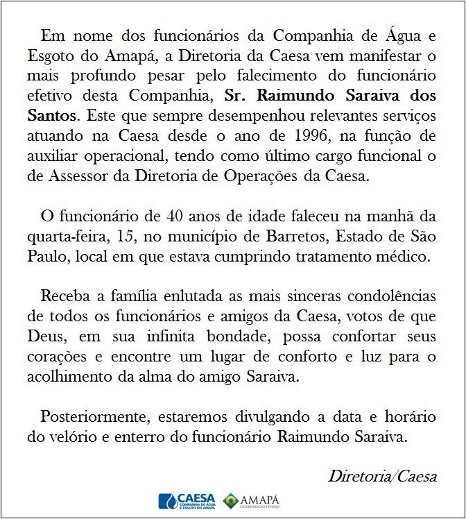 InformeCAESA's tweet photo. Nota de pesar - Diretoria / Caesa https://t.co/4zAmXK018A