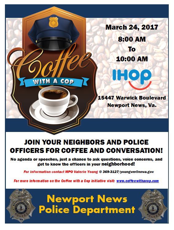 NewportNewsPD's tweet photo. We hope you've made plans to join us for one of our upcoming #CoffeeWithACop events with @NNPDNorth and @NNPDSouth. (details on flyers) https://t.co/uTPmMU4hsP