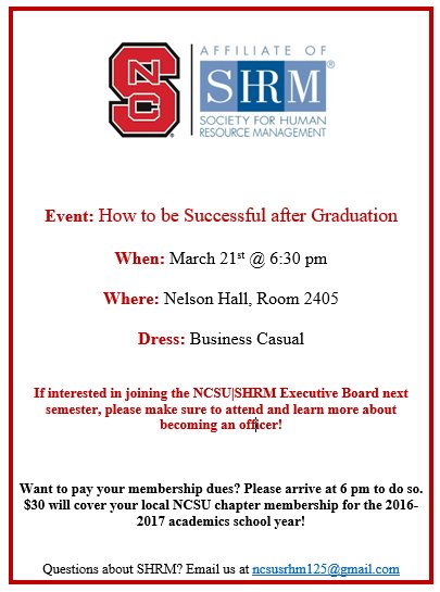 Come on out to our next chapter meeting Tues. March 21! We will be discussing How to be Successful after Graduation, hope to see you there!