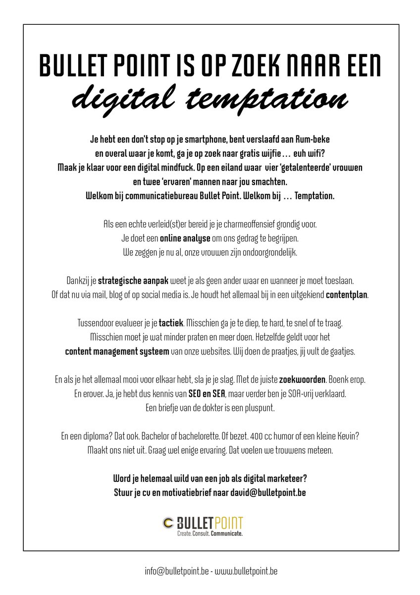 BulletPoint_be's tweet image. ⚡SPOILER ALERT⚡ Digital marketeers solliciteren massaal voor Temptation. Jij ook? #vacature bulletpoint.be/#over-ons/1