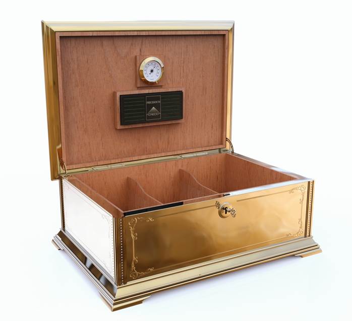 FriendsHumidor's tweet image. Our Humidor is 18ct Gold with Diamond set edges, a Spanish Cedar interior, with hygrometer, humidification and a capacity of 120 cigars.