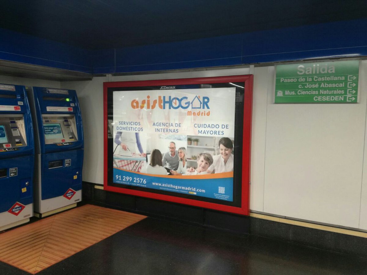 AsistHogar's tweet photo. Nos mandan esta foto del anuncio de @asisthogarmad en el Metro de Madrid promoviendo los servicios domésticos y de ayuda a domicilio. 👌 https://t.co/PbGrS3iKpT
