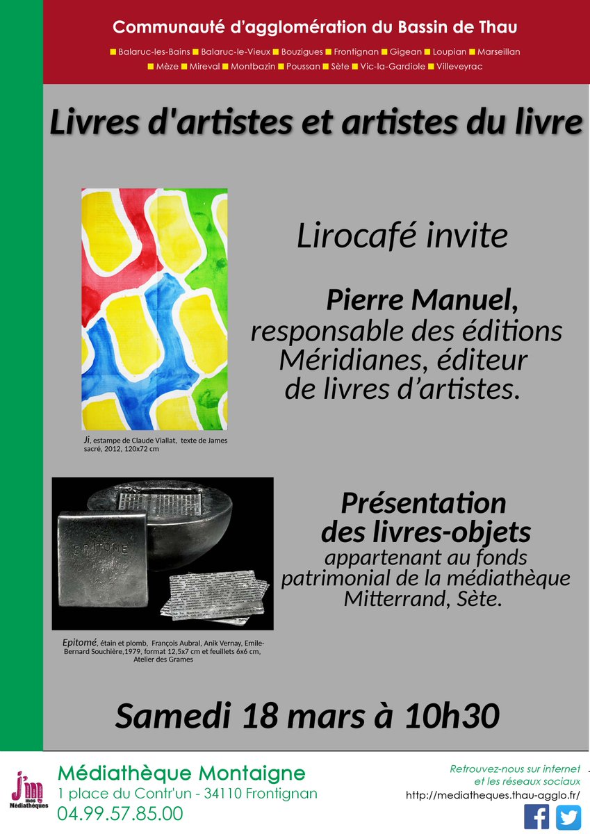 MedThauAgglo's tweet photo. Le 18 Mars à 10h30 à la #MedMontaigne #Lirocafé spécial sur les Livres d'artistes et les livres-objets ! https://t.co/ee15oNCLB2