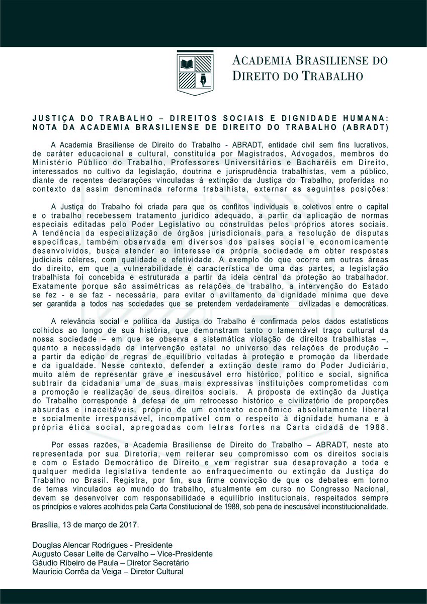 gaudiodepaula's tweet photo. Nota da Academia Brasiliense de Direito do Trabalho sobre as manifestações recentes quanto à Extinção da Justiça do Trabalho. https://t.co/JH7gaNwppK