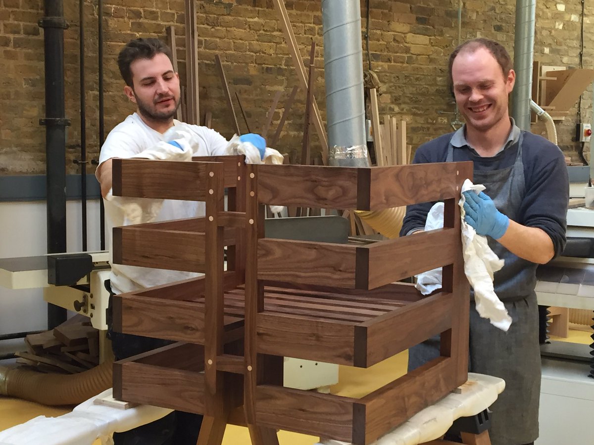 The final oiling of our brand new Bienvenue Chair in solid walnut and London plane. Once the upholstery is done she's going to be a beauty!
