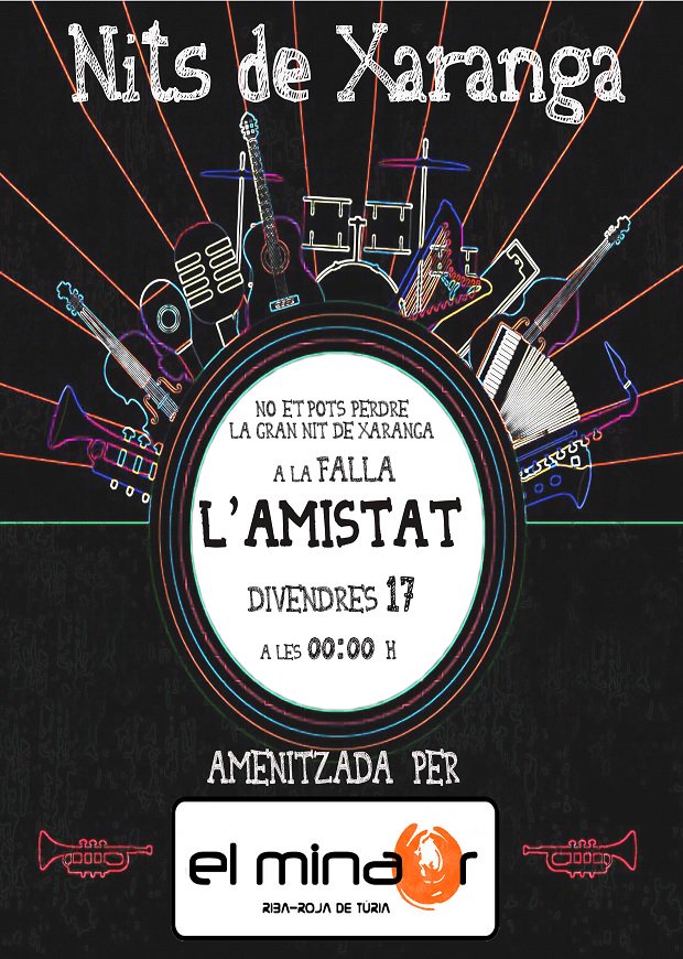 Divendres 17 a les 23:59, música i festa a l’envelat de la <a href="/FallaAmistat/">Falla l'Amistat</a> de Riba-roja de Túria! #25èaniversari #falles2017 #nitsdexaranga 🔥