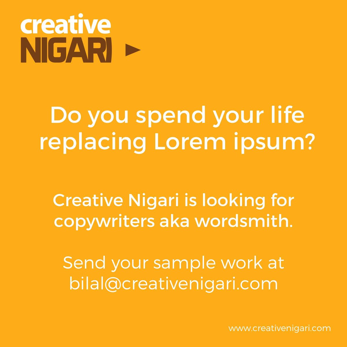 CreativeNigari's tweet photo. Be a part of Creative Nigari team. Email us at bilal@creativenigari.com
#CreativeNigari #freelancecontent #copywriting #applynow https://t.co/RPM9Gl1zIn