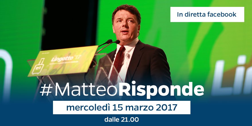 matteorenzi's tweet photo. Oggi dalle ore 21, su Facebook, torna #MatteoRisponde.
Per domande potete scrivermi a matteo@matteorenzi.it 
Vi aspetto. https://t.co/r0sKwYd2Cy