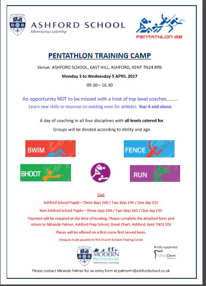 AshfordSchSport's tweet photo. Easter Training Camp @PentathlonGB @SouthEastPent 3 - 5 April @AshfordSchool. Book your place now. #swimming #laserrun #fencing #running https://t.co/tdssPrpuPj