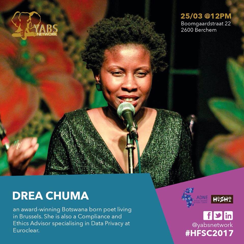 yabsnetwork's tweet photo. Next #HFSC2017 speaker is Drea Chuma @poetdrea, an award-winning Botswana born poet, a Compliance &amp; Ethics Advisor. https://t.co/dKbbI4UAYs