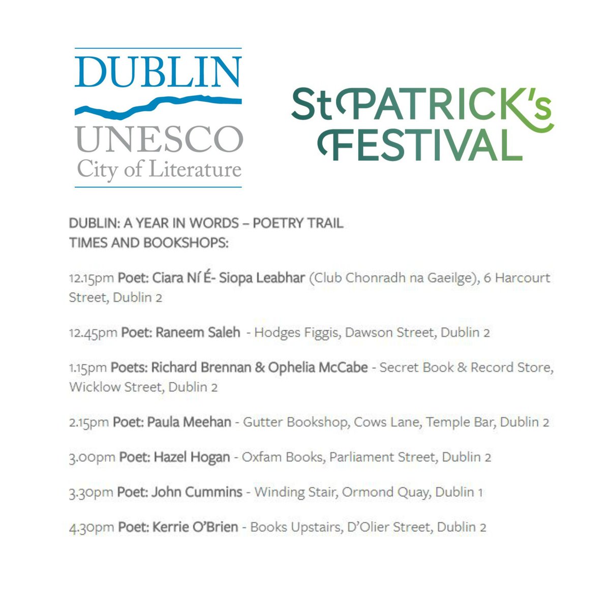 Snake across the city's bookshops with us this Sat! Poetry trail for <a href="/stpatricksfest/">St. Patrick's Festival 🇮🇪🐍☘️💚</a> start in <a href="/ansiopaleabhar/">An Siopa Leabhar</a> w/ bi-lingual poet <a href="/MiseCiara/">Ciara Ní É 🏳️‍🌈 'knee YAY'</a>