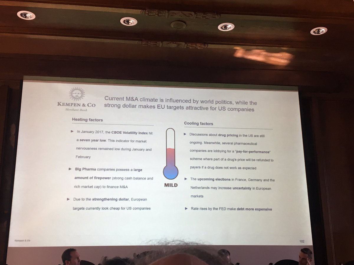 BioCapitalEur's tweet photo. @KempenCo refers to a 'fear index' - current m&amp;a climate influenced by world politics. Strong $ makes EU targets attractive. #BioCapital17 https://t.co/vBYhw8ODuQ