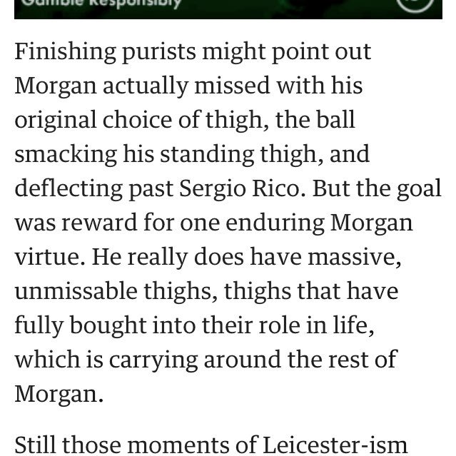 jktq's tweet photo. Genius description by @guardian_sport @barneyronay of goal by @Wes5L1nk off his thigh for @LCFC: https://t.co/BlUssrdJ9a
